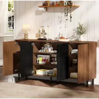OKWISH Keukenkast - Buffetkast Met 4 Deuren En Verstelbare Legplanken - 160 x 35 x 80 cm - Veel Opbergruimte - Spaanplaat Walnoot En Zwart