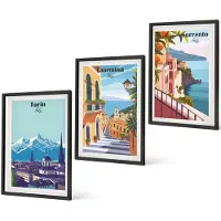 Coloray 3-Delige Schilderij Set - Kleurrijke, Illustratieve Stadsgezichten In Retrostijl - 40 x 60 cm - Muurdecoratie - Decoratieve Schilderijen - Wohnzimmer