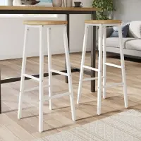 HAUSS SPOLE Barkruk - Set Van 2 - Met Houtlook Zitting, Twee Voetsteunen En Verstelbare Voeten - Voor Keukeneiland En Bar - Wit Metaal