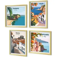Coloray 4-Delige Schilderij Set - Retro-illustraties van beroemde steden over de hele wereld - 40 x 40 cm en 40 x 60 cm - Muurdecoratie - Decoratieve Schilderijen - Wohnzimmer
