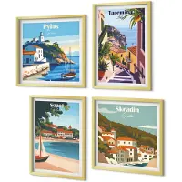 Coloray 4-Delige Schilderij Set - Uitzichten op kuststeden in stijlvolle illustraties - 40 x 40 cm en 40 x 60 cm - Schilderijen Set - Wanddecoratie - Woonkamer