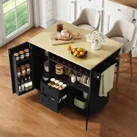HAUSS SPOLE Kookeilandwagen Met Opklapbaar Werkblad, Lade, Wijnrek En Handdoekhouder, Verrijdbare Keukenoplossing, MDF, Naturel Zwart, 104x69x89 Cm