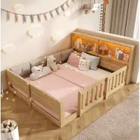 OKWISH Kinderbed 140x200 cm - Bed Met Opbergruimte En LED Verlichting - Met Uitvalbeveiliging - Gevoerd Hoofdeinde - Stof - Naturel - Zonder Matras