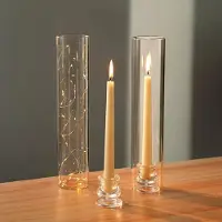 Famanu – Set van 2 kaarsenhouders van glas, heldere orkaan kandelaar houder van 30 cm hoog, met winddicht cilinderdeksel voor open haard en eetkamer decoratie