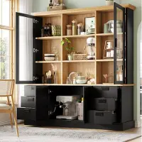 HAUSS SPOLE Keukenkast - Hoge Opbergkast Met 6 Grote Lades En Glazen Deuren - Voor Keuken En Eetkamer - MDF En Metaal - 140x40x185 Cm - Zwart