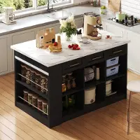 HAUSS SPOLE Keukenkast - Uitrekbare Eettafel En Veel Opbergruimte - Modern Eiland Voor Familiekeuken - MDF - Zwart En Wit - 150 X 90 X 90 Cm
