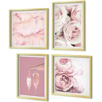 Coloray 4-Delige Schilderij Set - Champagnekleurige rozen en een pastelkleurige marmeren achtergrond - 40 x 40 cm en 40 x 60 cm - Stijlvolle Wanddecoratie - Interieur - Stijlvolle Muurdecoratie