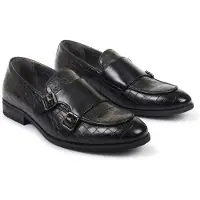 Infinity Leather Zwarte veganistische leren loafer schoenen met dubbele monk strap voor heren