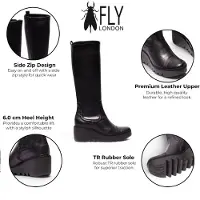 Fly london Dames Zwarte Leren Hoge Wighak Lange Laarzen - BUDI603