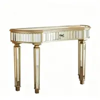 OKWISH Consoletafel - Halvemaan Spiegeltafel - 1 lade - Gegroefd Glazen Front - Met Kristalknop - Moderne Opbergtafel - MDF Goud+Zilver - 120x38x78 cm