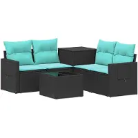 vidaXL Bankstel 6 st Zwart en Blauw Poly Rattan en Staal