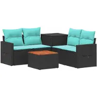 vidaXL Bankstel 6 st Zwart en Blauw Poly Rattan en Staal