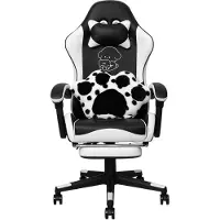 Puluomis gaming stoel met voetsteun, bureaustoel, chefstoel, kantoel, race-stoel, ergonomisch, draaibaar, in hoogte verstelbaar, zwart en wit