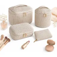 VHV - Toilettas dames - Make-uptasje - Toilettas set van 4 - Cosmetica tasje - Bloemenprint - Grote capaciteit - Voor op reis en vakantie - Beige