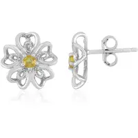 Cavill - Luxe Damesoorbellen 925 Sterling Zilver Geplateerd - Gele Saffier 0,284 ct - Ronde Edelsteen - Filigraan Bloemmotief