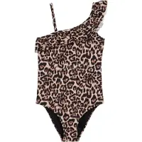 We fashion one shoulder badpak met ruches en panterprint - beige/bruin Meisjes Polyester - maat 110/116