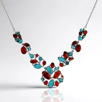 Cavill - Halsketting 925 Sterling Zilver Geoxideerd - Rode Oester & Blauwe Kingman Turkoois 16,92 Ct - Uniek Casual Elegant