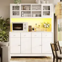 OKWISH keukenkast met RGB-LED-verlichting en 4 lades, onderkast met glazen deuren en verstelbare legplanken, hoge kast in wit