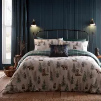 Markenlos – Woodland Bear & Trees Dekbedovertrek, super kingsize beddengoed (260 x 220 cm), zacht geborsteld 100% katoen, omkeerbaar