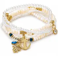 Marama Ibiza Sunset Wit – Armbandenset Dames – Set van 5 – Bohemian – Elastisch – Witte Kralen met Goudkleurige Bedels