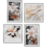 Wallfluent 4-Delige Schilderij Set - Bloemen Op Een Marmeren Achtergrond In Wit- En Zwarttinten. - 40 x 40 cm En 40 x 60 cm - Moderne Wanddecoratie - Woonkamer - Stijlvolle Muurdecoratie