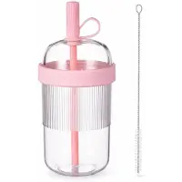 VHV - Waterfles - Waterfles beker voor dames- - Reisbeker met Rietje - 540 ml Transparante Drinkbeker van Tritan - BPA-vrije Reismok voor Ijskoffie, Bubble Tea en Matcha - Lekvrije Bekers - Pastelroze