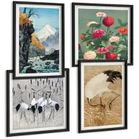 Tulup 4-Delige Schilderij Set - Bergen in het landschap, een rivier, bloemen en kraanvogels in het gras. - 40 x 40 cm en 40 x 60 cm - Wanddecoratie - Muurdecoratie - Woonkamer