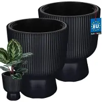 KOTARBAU 2 Stuks - Bloempot - Plantenpot Ø 29 cm - met Binnenpot - Geribbelde Plantenbak - Plantenpot met Voet - Plantenbak - Kunststof - H: 36 cm - Anthrazit