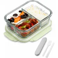 VHV - Glazen Lunchbox 1060 ml - Lunchbox met 2 Vakken en Bestek, Matchagroene Vershoudbak met Deksel en Clipsluiting - Meal Prep Bakje voor Werk, School en Onderweg