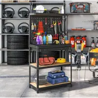 STILVORA Werkbank Met Lochwand, Haken, Schublade En 2 Ablagen – 80 x 40,5 x 155 cm – Staal En MDF – Zwart – Voor Werkplaats En Garage