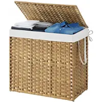 Songmics - Wasmand - Wasmand met 2 Vakken - Opvouwbare Rattan Mand met Deksel en Handgrepen - Uitneembare Waszak