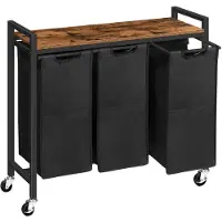 Lilac & Lily Wasmand met 3 Compartimenten – Wassorteerder op wielen - met Houten Plank voor de was - Stoffen wasmanden - 120 L
