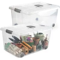 PlasticForte Opslagbox - 2x stuks - met deksel - 57L - 62 x 45 x 32 cm - transparant - opbergbak - met wielen