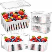 VHV - Vershoudbakjes - Fruit- en groentebak met vergiet en deksel - Verstelbare ventilatie - Koelkast organizer - Set van 2 - 2.4 liter - 21,1 x 14 x 10,9 cm - Wit