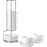 Happiq 12-delige Witte Porseleinen Kopjeset 9 oz – Met Schotels en Metalen Houder voor Espresso, Cappuccino, Latte & Thee – Wit