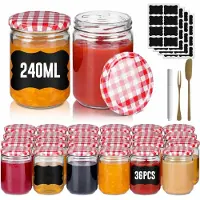 NaiZy Mini Weckpotten Set 36 stuks 240 ml - Rond Transparant Glas met Metalen Deksel - Luchtdichte Mason Jar voor Honing, Kruiden en Marmelade - Rood & Wit Geruit -