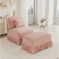 OKWISH Fauteuil 1-Zits met Hocker – Klassieke Chenille Relaxstoel met Afneembare Ruchesrok – Voor Woonkamer – Roze – Houten Poten