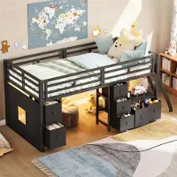 STILVORA Halfhoogslaper 90x200 cm – Met LED-Verlichting & 7 Lades – Met Open Boekenrek & Uitvalbeveiliging – Voor Kinderkamer – Metaal – Zwart – Zonder Matras