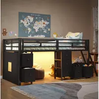 OKWISH Halfhoogslaper 90x200 cm - Met LED-Verlichting en 7 Stoffen Lades - Met Speelruimte en Boekenvak - Kinderkamer - Metaal - Zwart - Zonder Matras