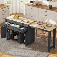 MODFU Keukeneiland 112-180,6 cm, keukentrolley met uitschuifbaar werkblad, serveertrolley met 3 lades, kruidenrek en flexibele opbergruimte, grijs
