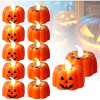 Snq 12 Stuks 3D Pompoen Led-theelichtjes - Oranje - Flickerend Vlamloos - Voor Halloween & Herfstdecoratie