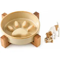 VHV - Slowfeeder hondenbak verhoogd - Keramische voerbak 5,1 inch met bamboestandaard - grijs