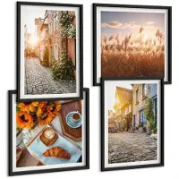 Tulup 4-Delige Schilderij Set - Sfeervolle straatjes met koffie en zonnebloemen - 40 x 40 cm en 40 x 60 cm - Wanddecoratie - Woonkamer Decoratie