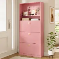 STILVORA Schoenenkast - Smal Hoog Model Met 3 Klapvakken En 2 Open Vakken - Voor Hal En Entree - Spaanplaat - 80x24x178,5 Cm - Roze