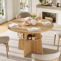 STILVORA Eettafel - Uitschuifbare Ronde Tafel Met Opbergplank - Voor Keuken En Eetkamer - Houtlook MDF - 110-150x110x77,5 Cm - Naturel