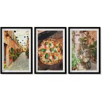Wallfluent 3-Delige Schilderij Set - Sfeervolle Straatjes Met Planten En Italiaanse Pizza. - 40 x 60 cm - Schilderijen Set - Wanddecoratie - Woonkamer - Stijlvolle Muurdecoratie
