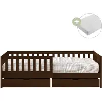 Sunny Isa Kinderbed van Hout met 2 Lades | Bed in Bruin Inclusief Hybrid Matras 90x200 (14 cm, Hybrid foam, Polyester Hoes) | Kajuitbed met Valbeveiliging | Volledige afmetingen 206 x 98 x 65 cm