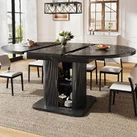 OKWISH Eettafel - Uitschuifbaar Ovaal Met Opbergruimte En Schuifdeuren - Voor Eethoek En Gezinsmaaltijden - MDF Zwart - 149,8x110x75 cm