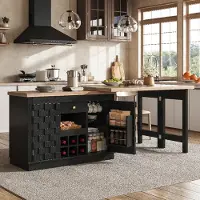 OKWISH Uittrekbaar keukenblok met uitneembaar wijnrek, deuren met patchwork-motief, bar met lades en een 360° draaibare tafelblad, zwart