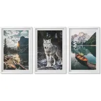 Wallfluent 3-Delige Schilderij Set - Bergen, Meren En Wolven In Hun Natuurlijke Omgeving - 40 x 60 - Wanddecoratie - Woonkamer Decoratie - Decoratieve Schilderijen